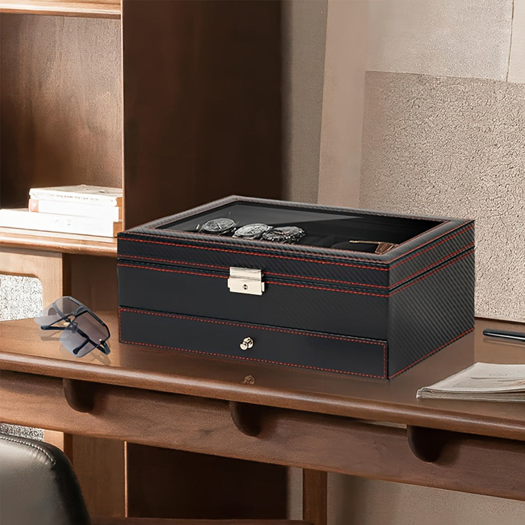 Watch Box Organizer for Men, 6-Slot Watch Case and Sunglasses Storage with Large Glass Lid