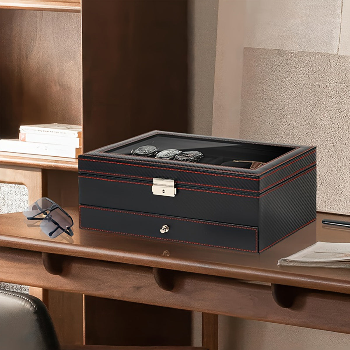 Watch Box Organizer for Men, 6-Slot Watch Case and Sunglasses Storage with Large Glass Lid