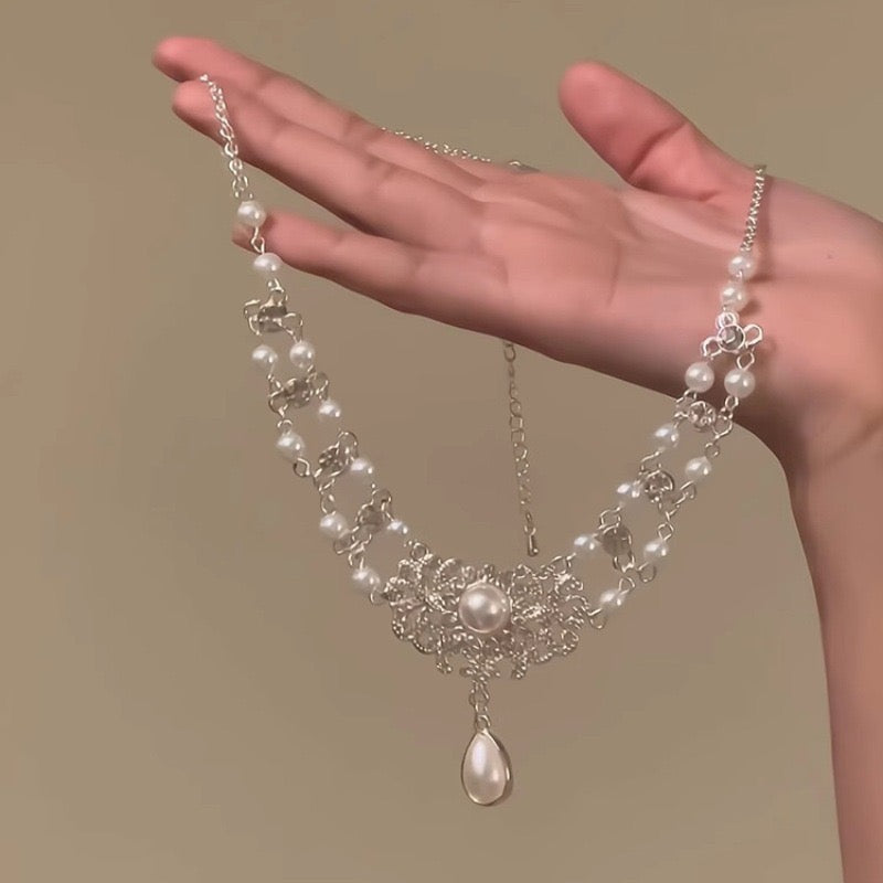 Zirconia pearl necklace Double-layered pearl collarbone chain