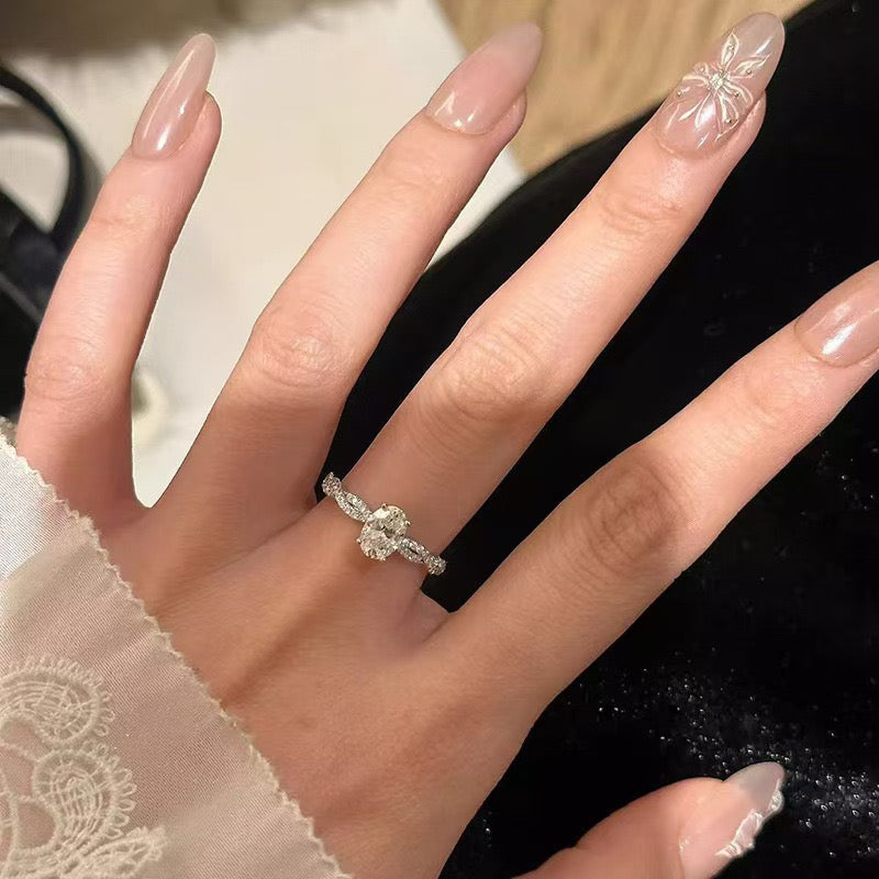 Oval Cut Moissanite Ring Adjustable Open 925 Sterling Silver Engagement & Anniversary Ring 14K White Gold-Plated