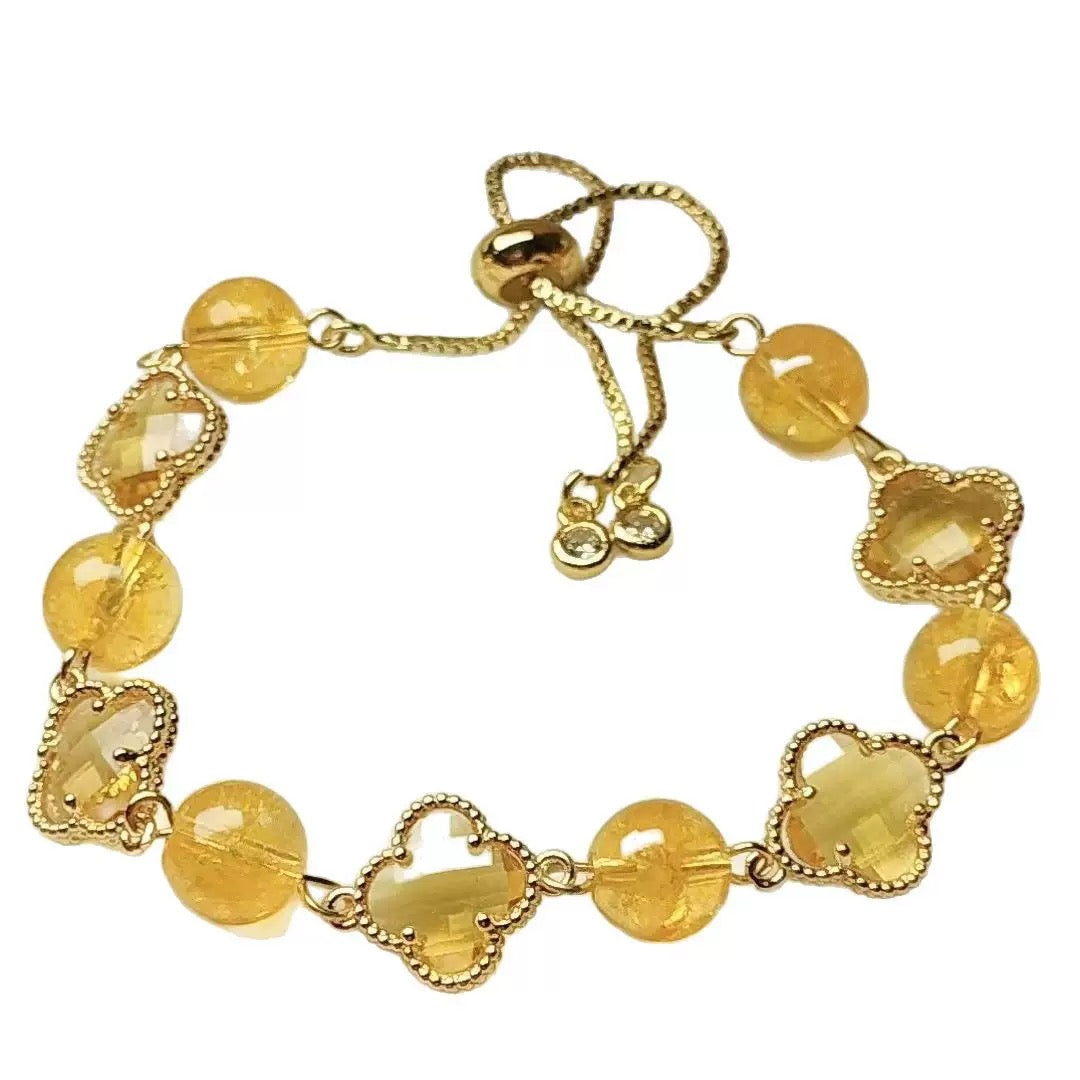 Lucky Clover Citrine Bracelet | Protection & Healing Crystal Jewelry | 8mm Gemstone Beaded Adjustable Bracelet | Lucky Fortune Gem Gift for Women (Citrine)