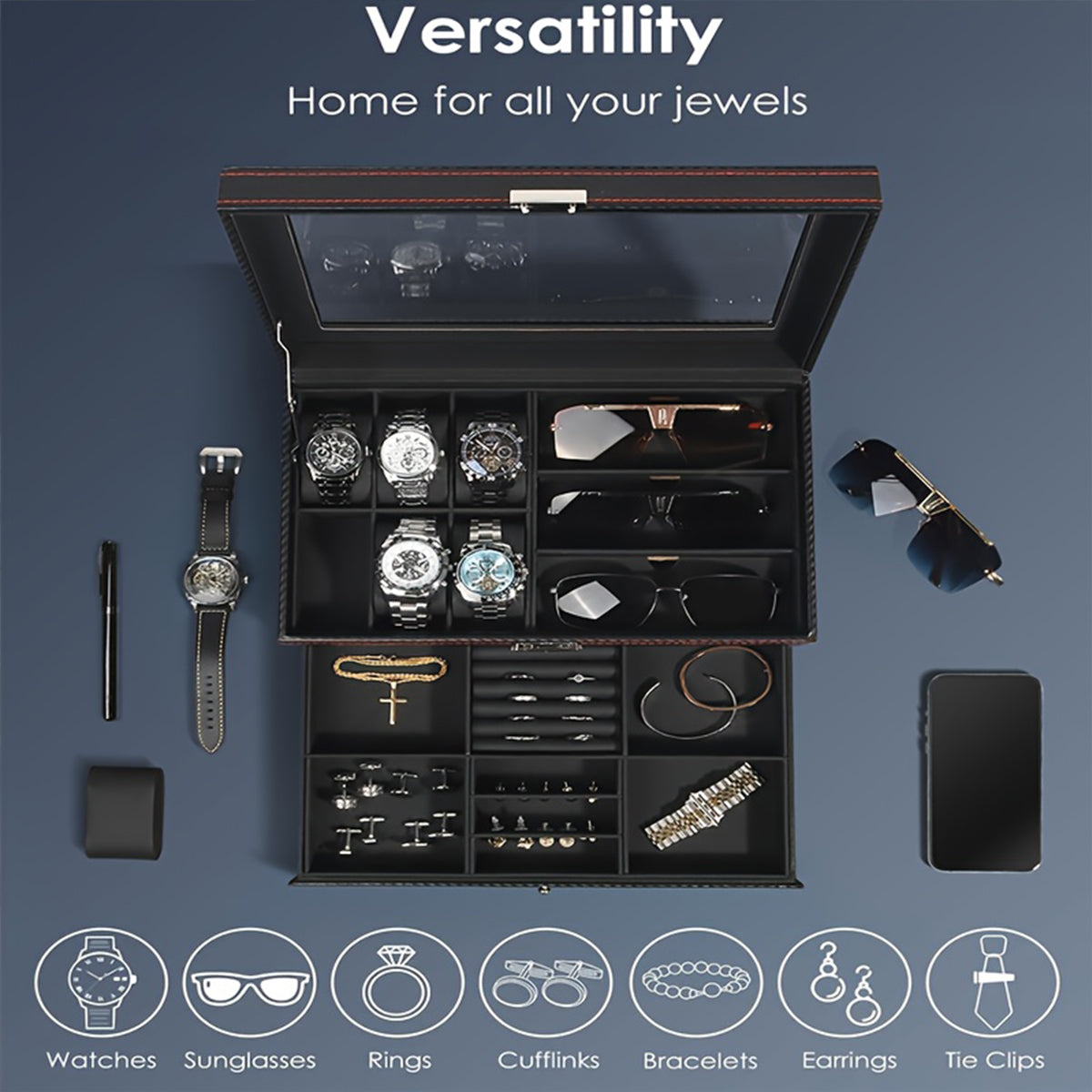 Watch Box Organizer for Men, 6-Slot Watch Case and Sunglasses Storage with Large Glass Lid