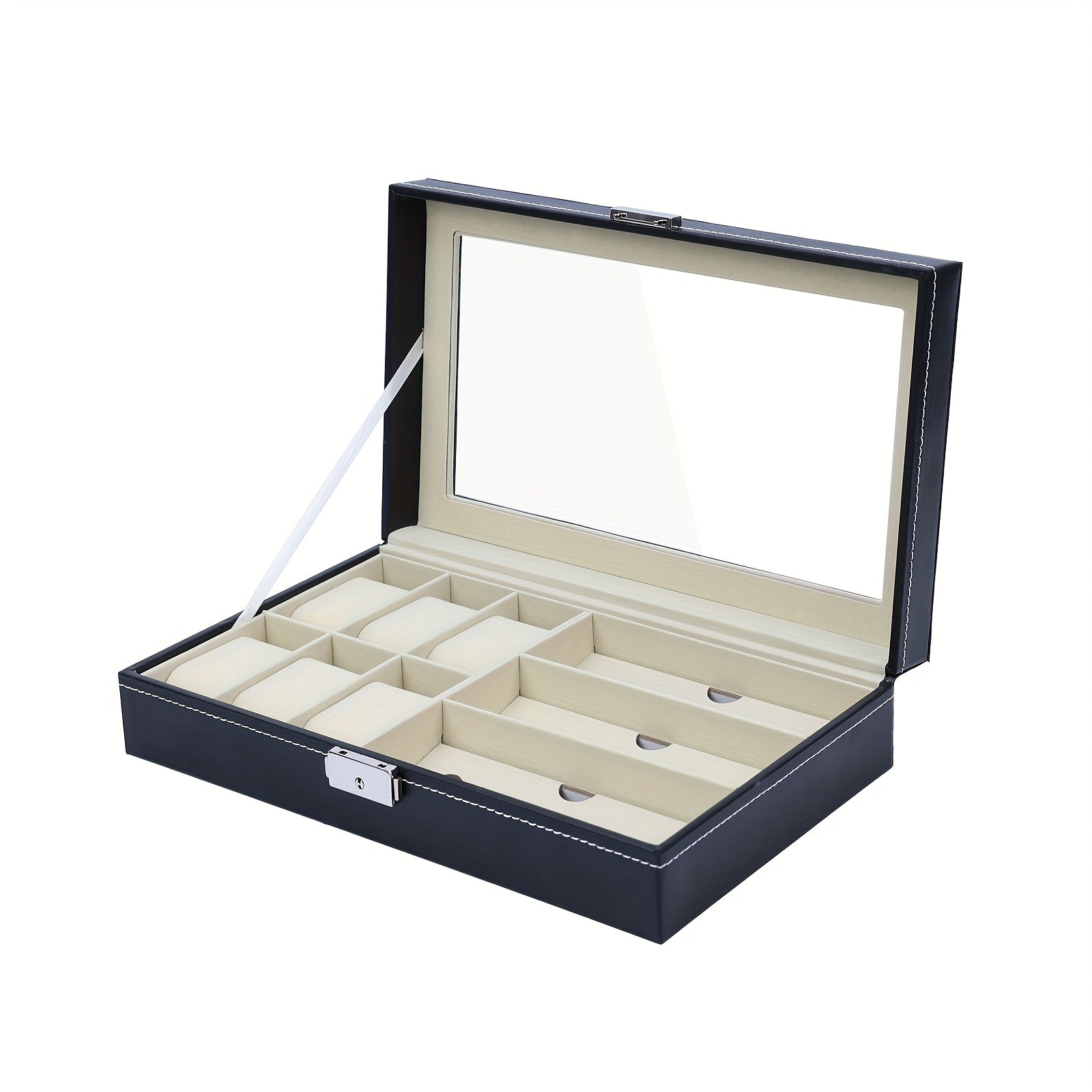 Watch & Sunglass Organizer PU Leather Eyeglasses Collector for Earrings and Necklaces, Jewelry Organizer with Compartment and Lid