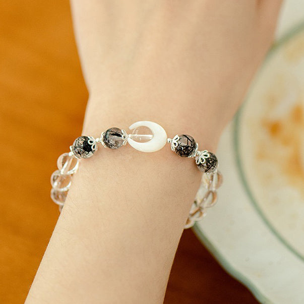 8mm Healing Obsidian White Crystal Bracelet ,Natural White Shell Star Moon Bead Stone Handmade Stretch Wrist Jewelry Gift for Women