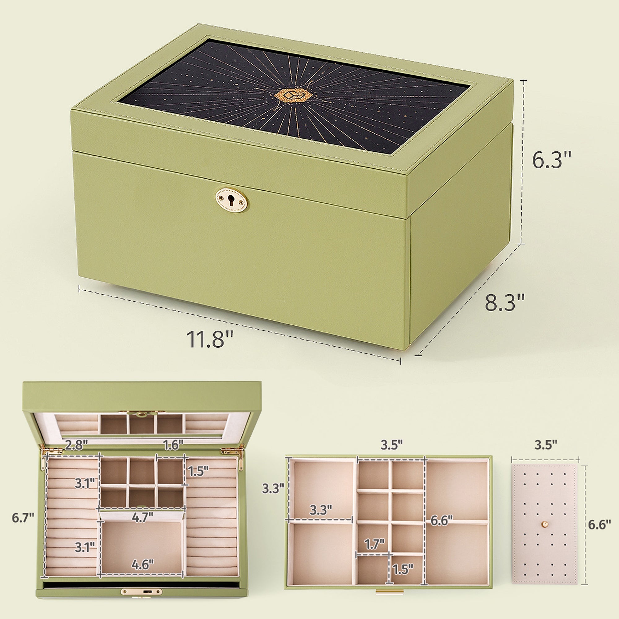 Casegrace 4-Tier Jewelry Box with Flowing-Gold Decoration Glass Lid, Built-in Mirror, Double Drawer, With Key