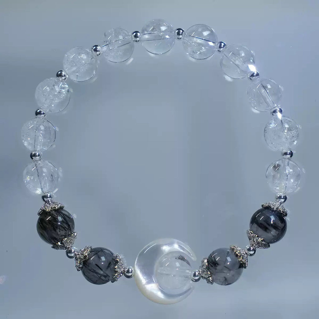 8mm Healing Obsidian White Crystal Bracelet ,Natural White Shell Star Moon Bead Stone Handmade Stretch Wrist Jewelry Gift for Women