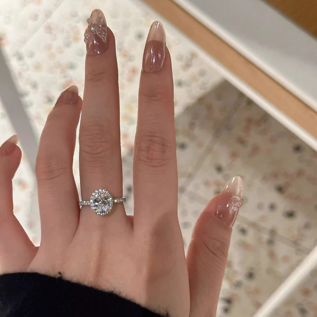 925 Sterling Silver Oval Cut Moissanite Ring Adjustable 14K White Gold-Plated Ring