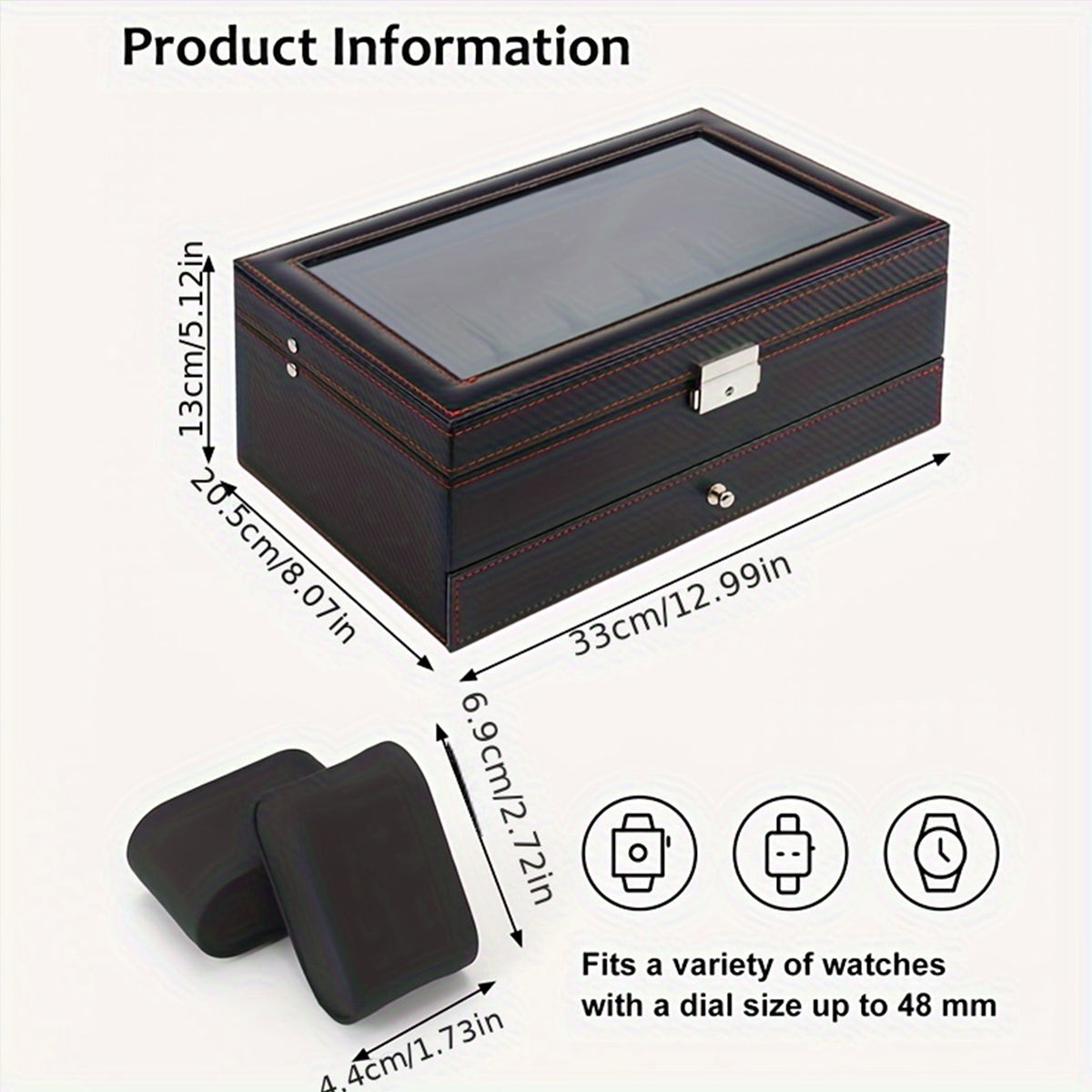 Watch Box Organizer for Men, 6-Slot Watch Case and Sunglasses Storage with Large Glass Lid
