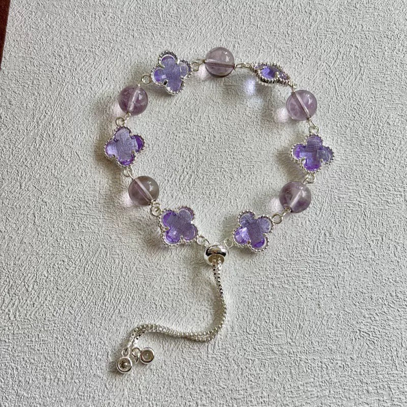 Lucky Clover Amethyst Bracelet | Protection & Healing Crystal Jewelry | 8mm Gemstone Beaded Adjustable Bracelet | Lucky Energy Guardian Gem Gift for Women (Amethyst)