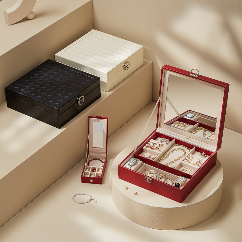 Casegrace 3-in-1 Large Jewelry Storage Box, Detachable Tray, Built-in Mirror, with Key