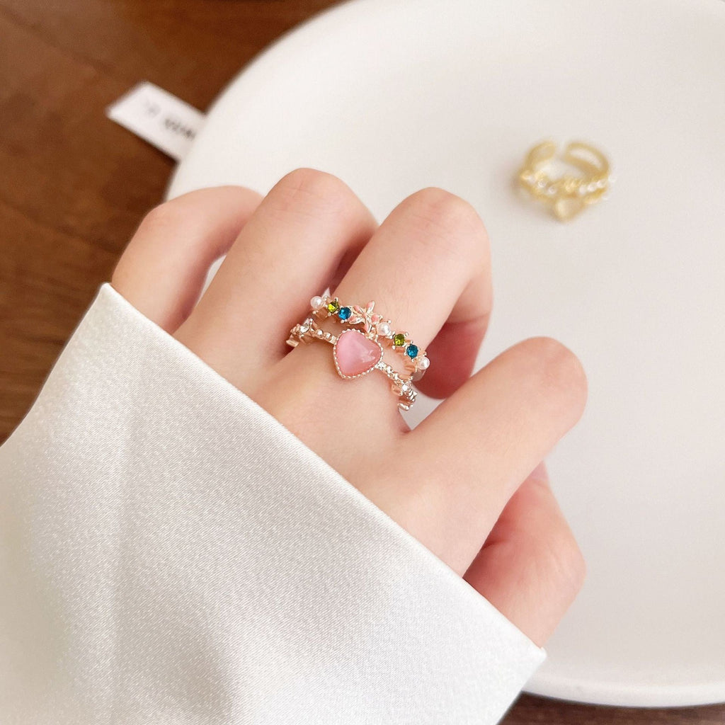 Heart Ring set, Cute and Simple 14K Gold Plated Cat's Eye Stone Ring, Adjustable Opening
