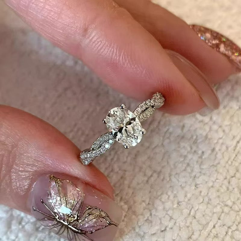 Oval Cut Moissanite Ring Adjustable Open 925 Sterling Silver Engagement & Anniversary Ring 14K White Gold-Plated