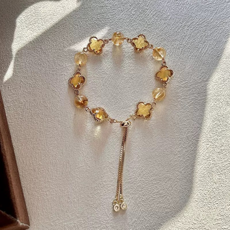 Lucky Clover Citrine Bracelet | Protection & Healing Crystal Jewelry | 8mm Gemstone Beaded Adjustable Bracelet | Lucky Fortune Gem Gift for Women (Citrine)