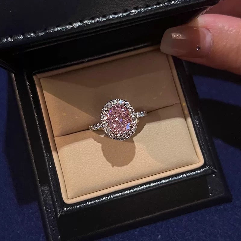Oval Cut Pink Moissanite Ring | Adjustable Open 14K White Gold-Plated 925 Sterling Silver Engagement & Anniversary Ring
