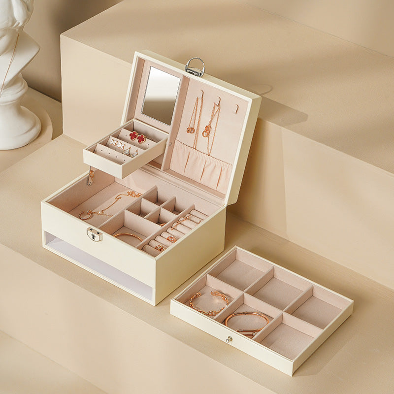 Casegrace Two layer Leather Jewelry Box Organizer With Lock Mirror for Women Girls Travel Case Display Storage