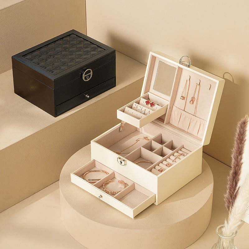 Casegrace Two layer Leather Jewelry Box Organizer With Lock Mirror for Women Girls Travel Case Display Storage