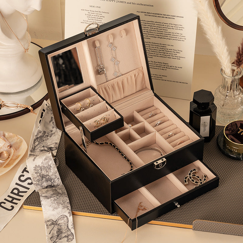 Casegrace Two layer Leather Jewelry Box Organizer With Lock Mirror for Women Girls Travel Case Display Storage