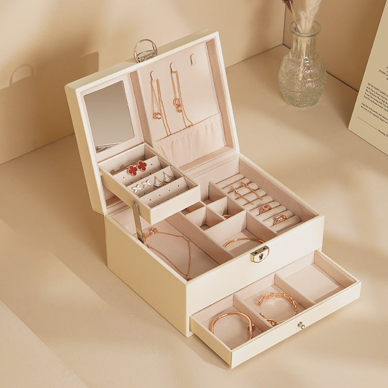 Casegrace Two layer Leather Jewelry Box Organizer With Lock Mirror for Women Girls Travel Case Display Storage