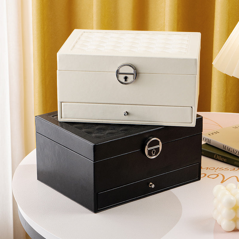 Casegrace Two layer Leather Jewelry Box Organizer With Lock Mirror for Women Girls Travel Case Display Storage