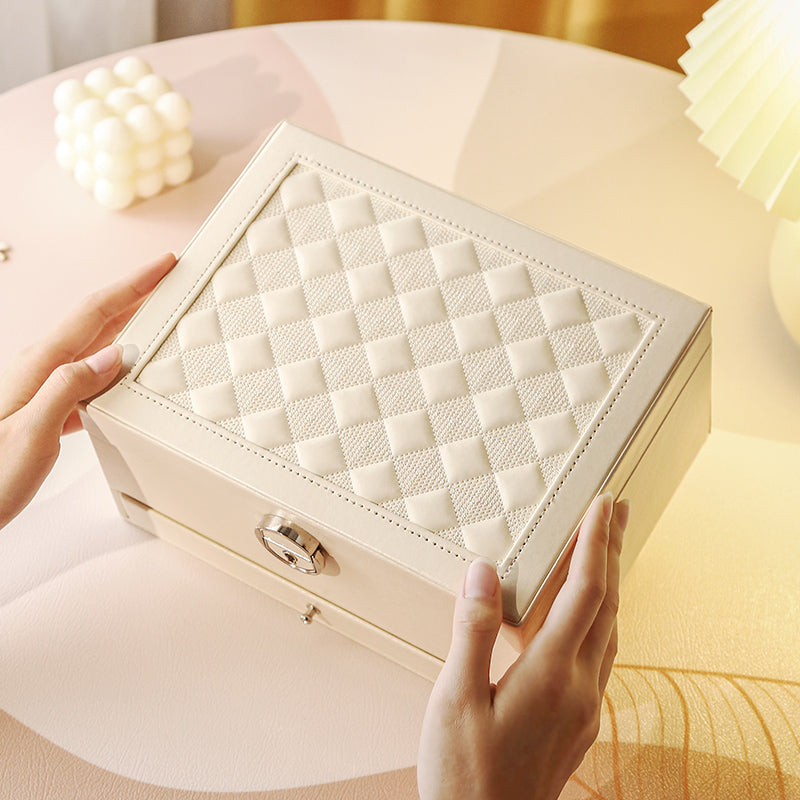 Casegrace Two layer Leather Jewelry Box Organizer With Lock Mirror for Women Girls Travel Case Display Storage