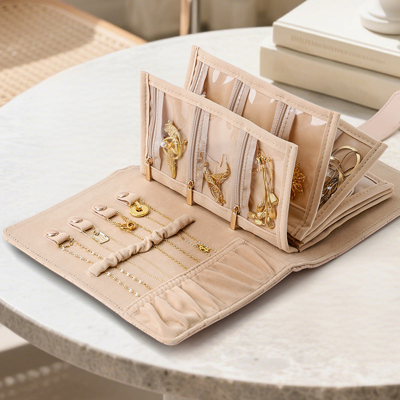 CASEGRACE Travel Jewelry Organizer Case with 6 Clear Zipper Velvet Jewelry Pouch