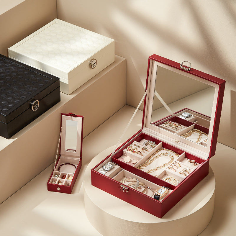 Casegrace 3-in-1 Large Jewelry Storage Box, Detachable Tray, Built-in Mirror, with Key