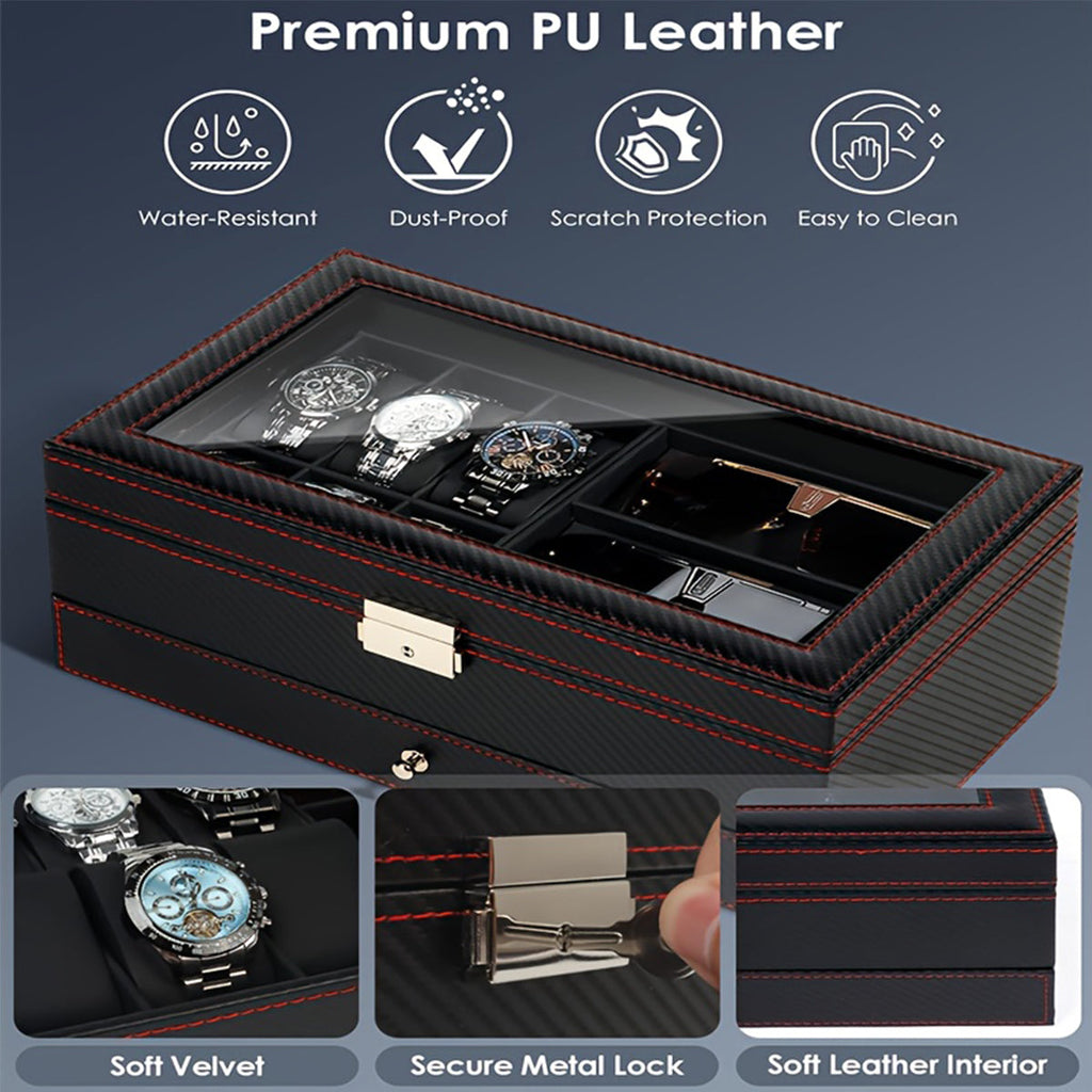 Watch Box Organizer for Men, 6-Slot Watch Case and Sunglasses Storage with Large Glass Lid