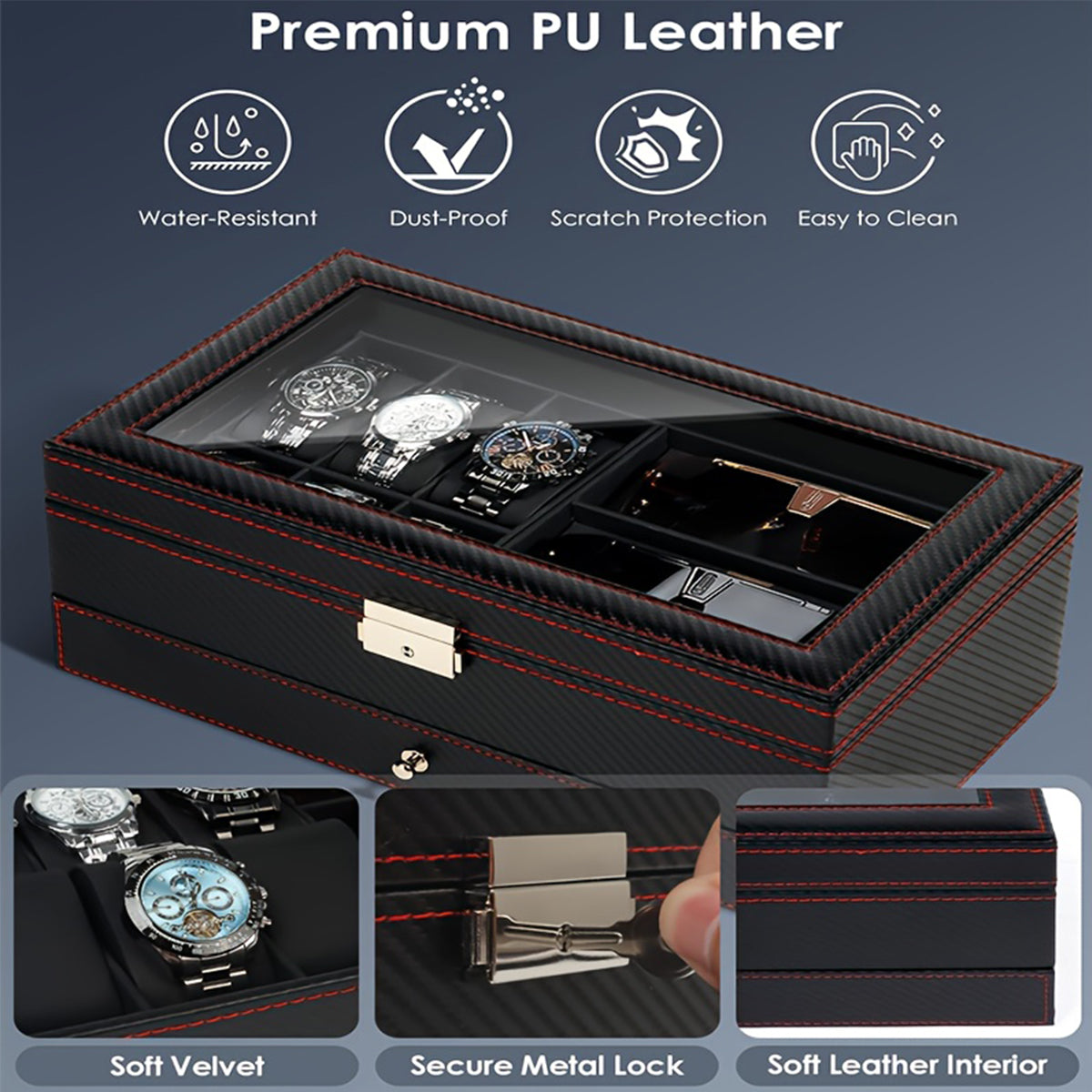Watch Box Organizer for Men, 6-Slot Watch Case and Sunglasses Storage with Large Glass Lid