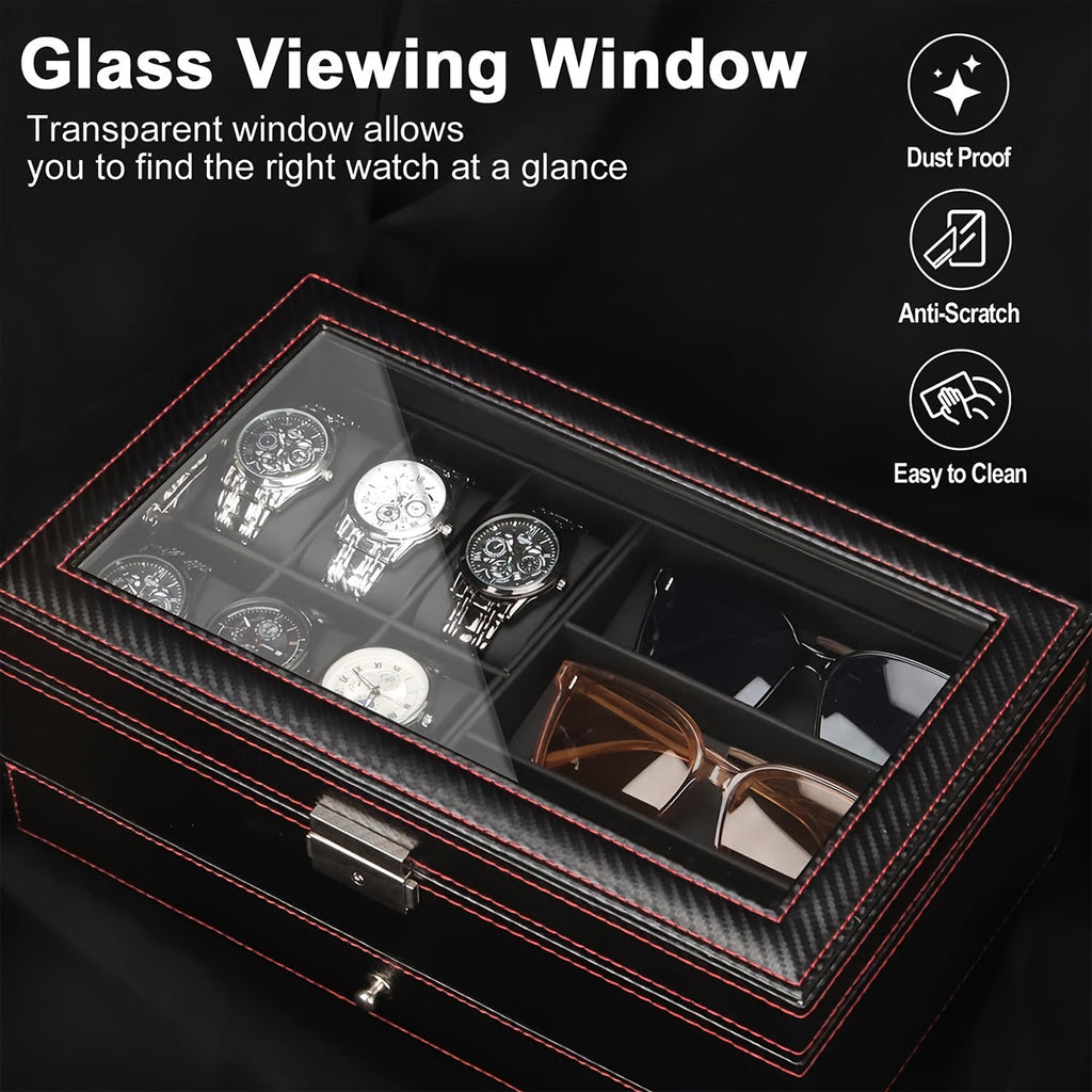 Watch Box Organizer for Men, 6-Slot Watch Case and Sunglasses Storage with Large Glass Lid