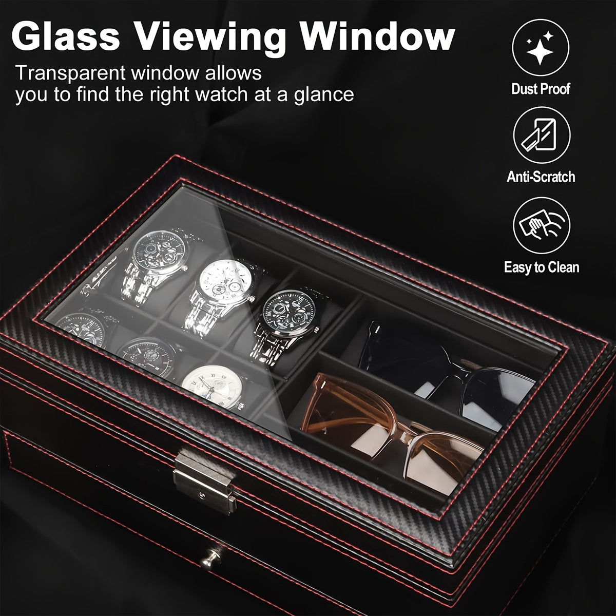 Watch Box Organizer for Men, 6-Slot Watch Case and Sunglasses Storage with Large Glass Lid