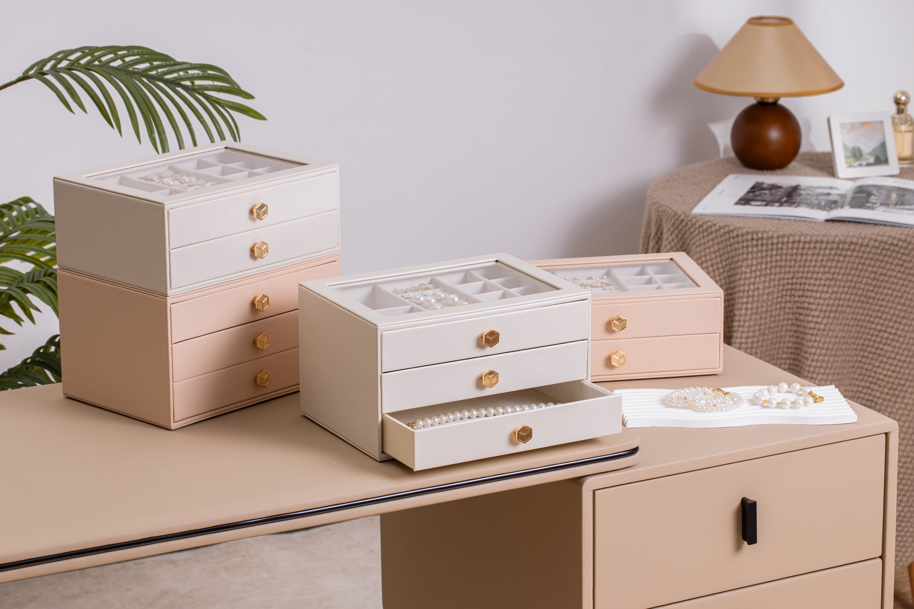 Jewelry Box for Women with Glass Lid-3 Drawers