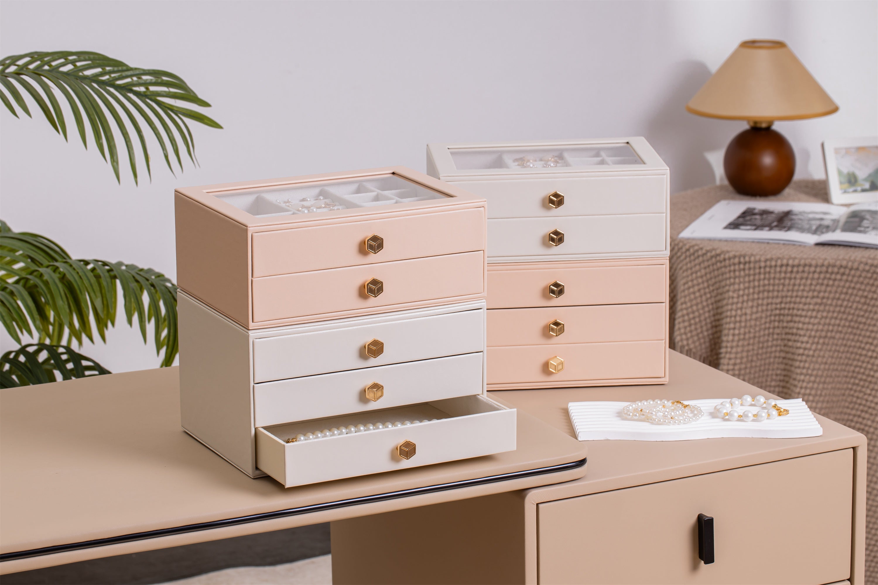 Jewelry Box for Women with Glass Lid-2 Drawers