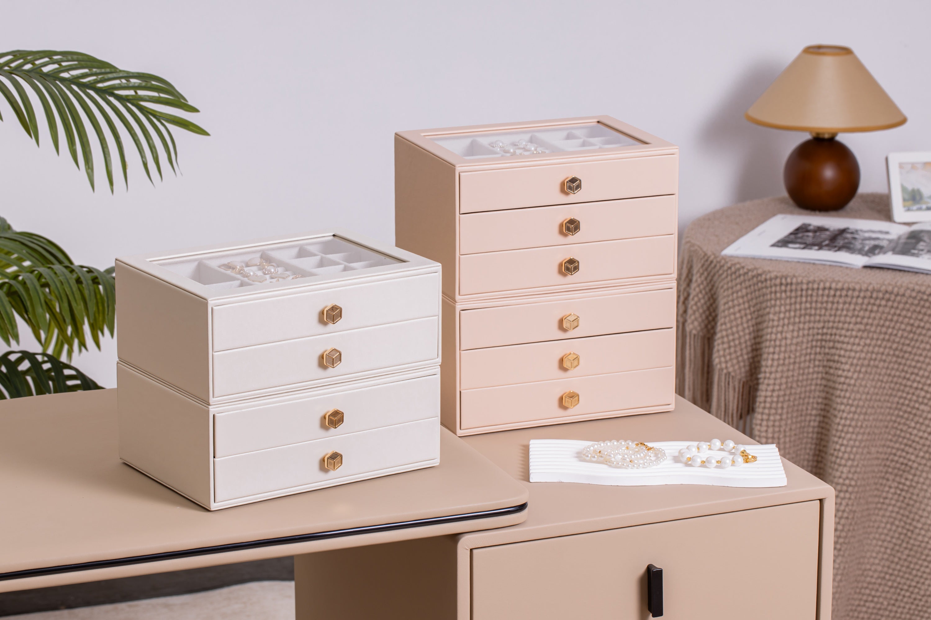 Jewelry Box for Women with Glass Lid-3 Drawers