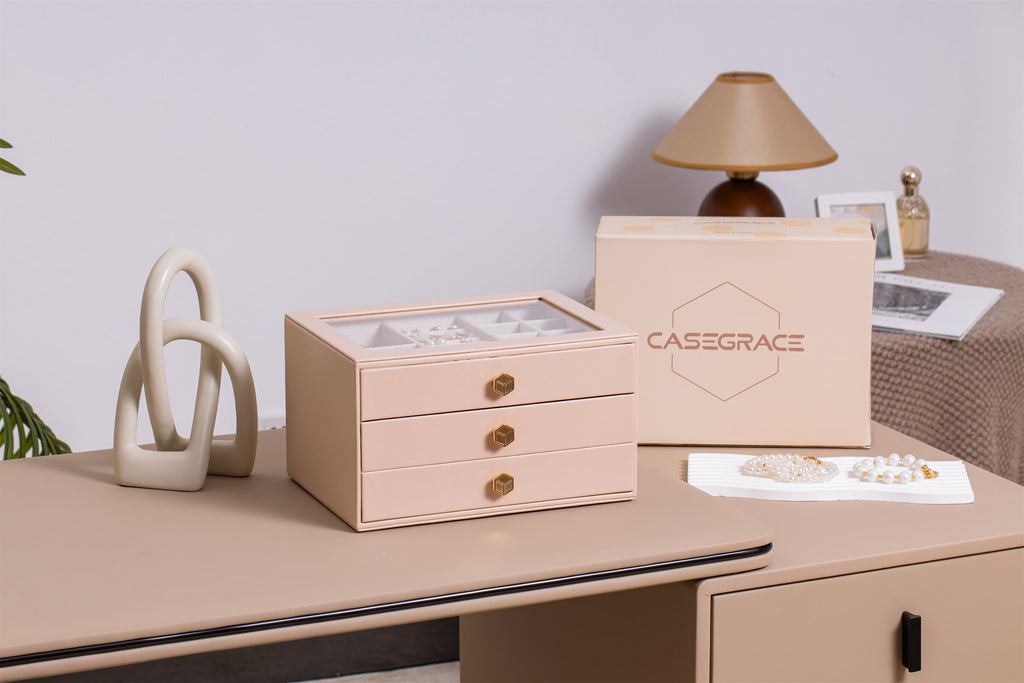 Jewelry Box for Women with Glass Lid-3 Drawers