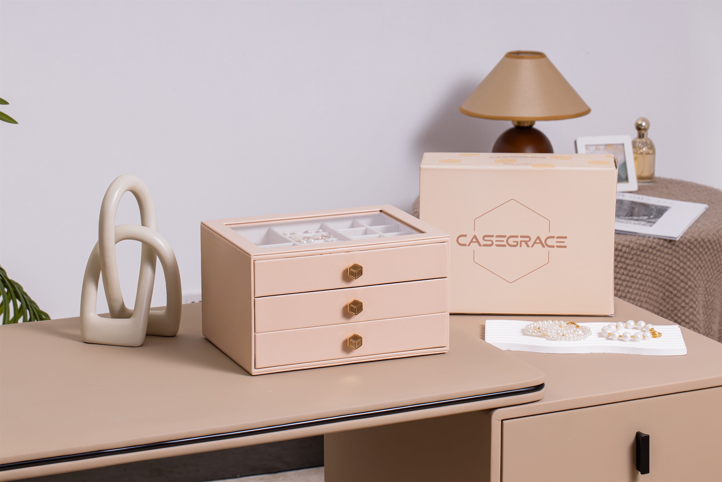 Jewelry Box for Women with Glass Lid-3 Drawers