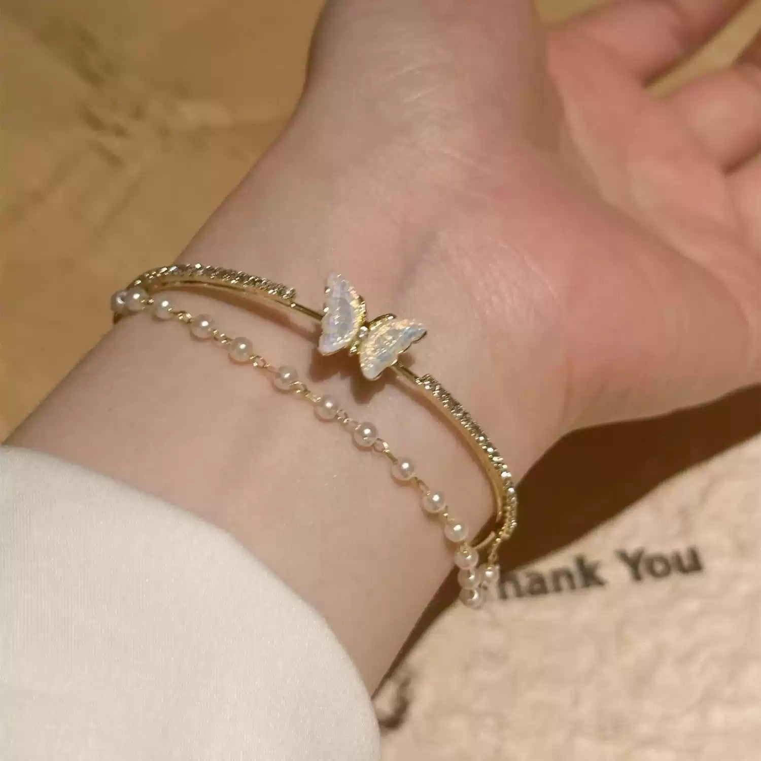 Double-Layer Colorful Butterfly Bracelet Adjustable Cuff, Fashionable Personalized Daily Jewelry for Women & Girls,Versatile Elegant Bracelet Gold