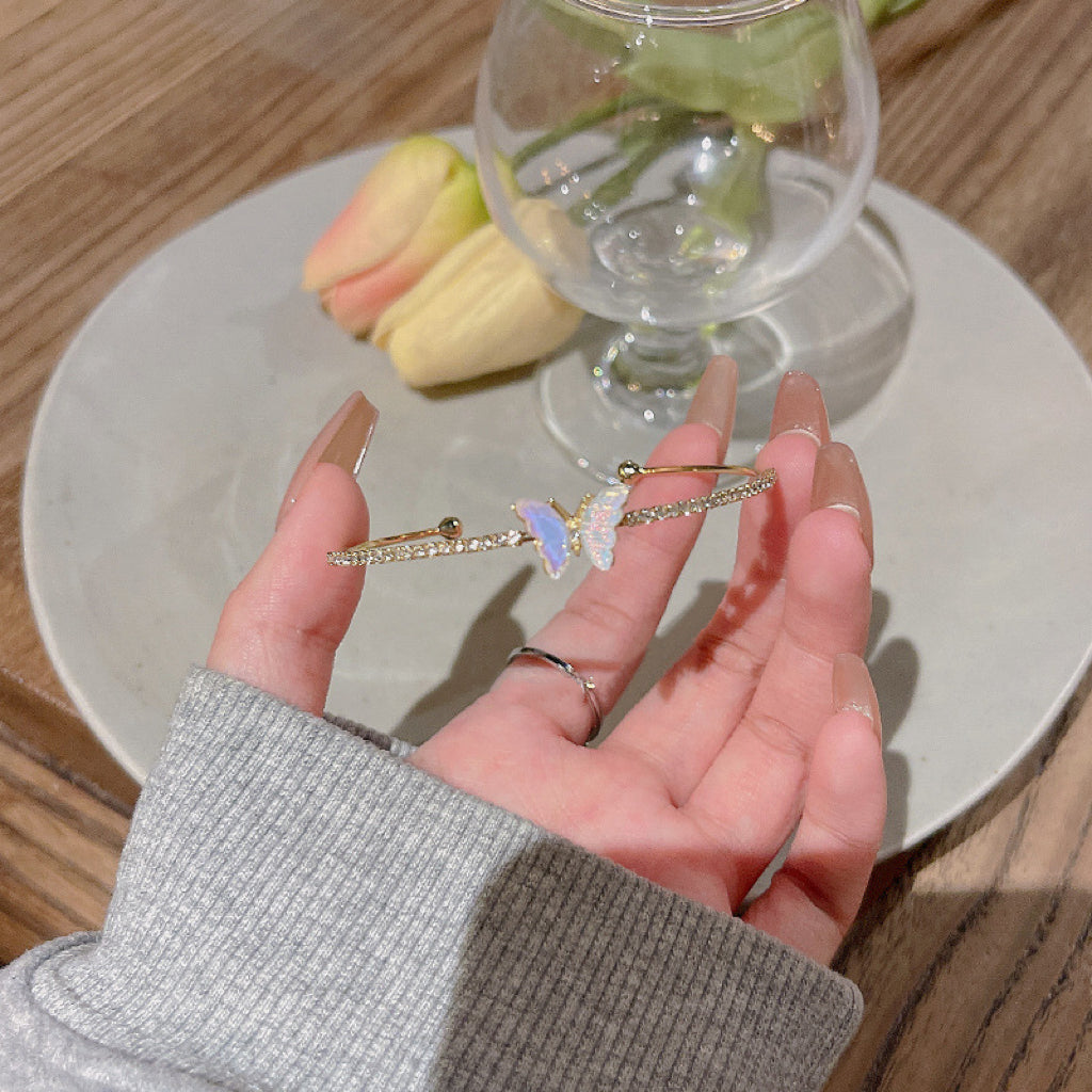 Double-Layer Colorful Butterfly Bracelet Adjustable Cuff, Fashionable Personalized Daily Jewelry for Women & Girls,Versatile Elegant Bracelet Gold