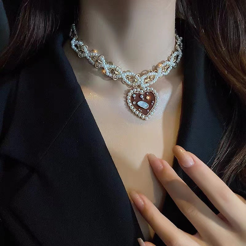 Women Heart Pendant Necklace Red Heart & Pearls Choker Daily Wear Necklace Jewelry for Gifts