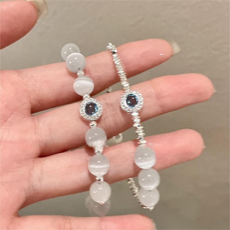 2-Piece Natural Cat's Eye Crystal Beaded Bracelet Set Healing Crystals Silver-Tone Adjustable Chain Perfect Gift for Women