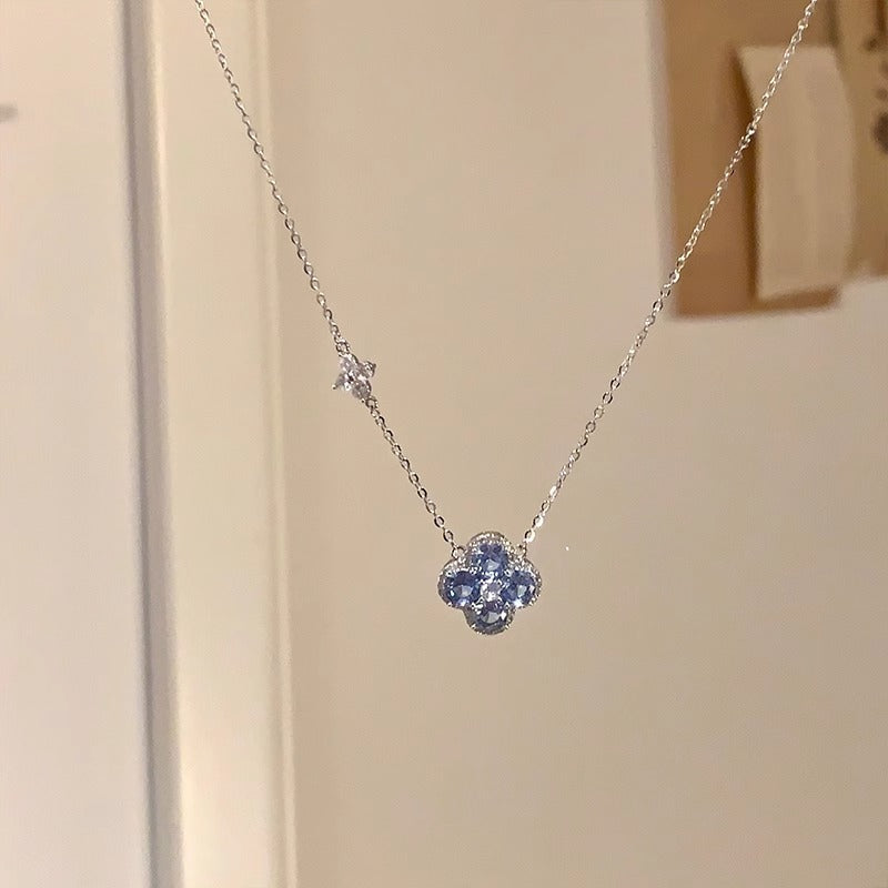 Four Leaf Clover Necklace ,Blue Zirconia Jewelry Necklace