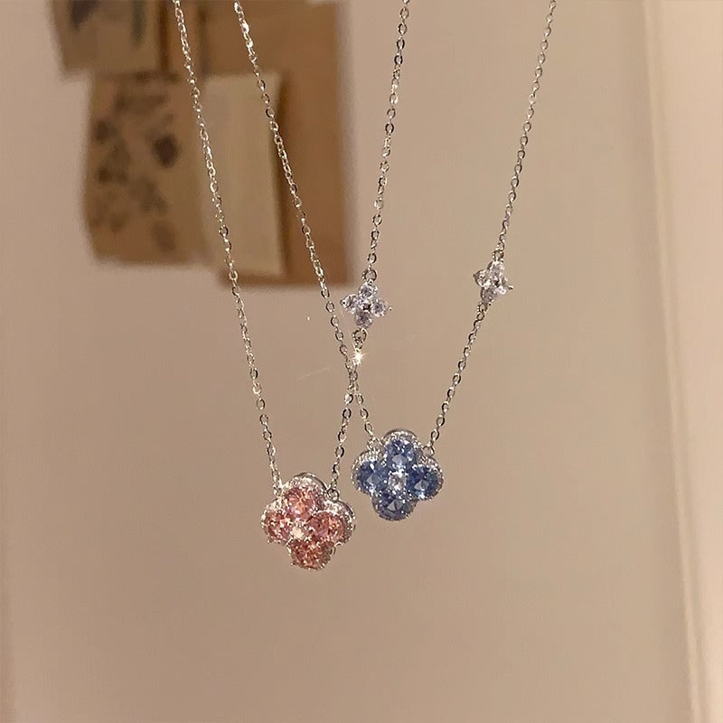 Four Leaf Clover Necklace ,Blue Zirconia Jewelry Necklace