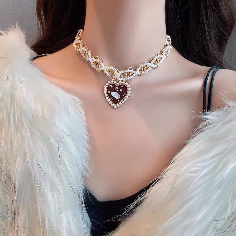 Women Heart Pendant Necklace Red Heart & Pearls Choker Daily Wear Necklace Jewelry for Gifts