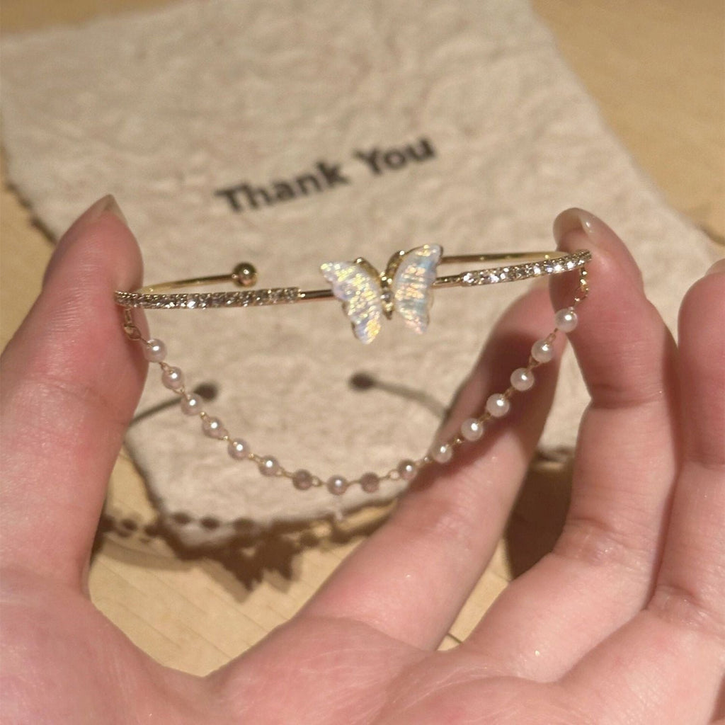 Double-Layer Colorful Butterfly Bracelet Adjustable Cuff, Fashionable Personalized Daily Jewelry for Women & Girls,Versatile Elegant Bracelet Gold