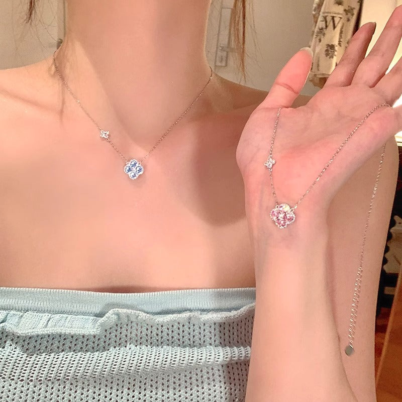 Four Leaf Clover Necklace ,Pink Zirconia Jewelry Necklace