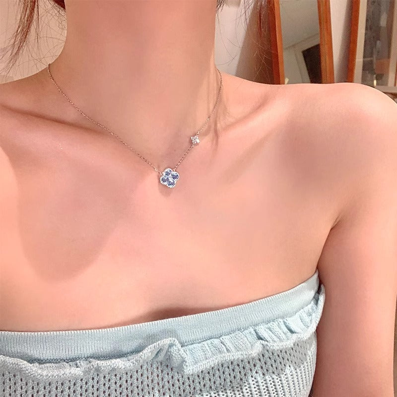 Four Leaf Clover Necklace ,Blue Zirconia Jewelry Necklace