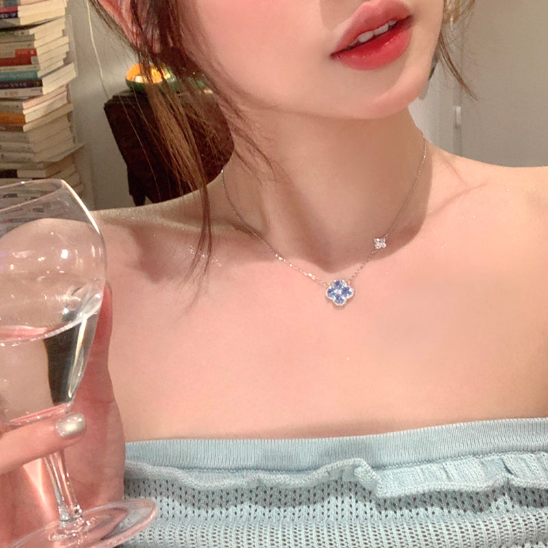 Four Leaf Clover Necklace ,Blue Zirconia Jewelry Necklace