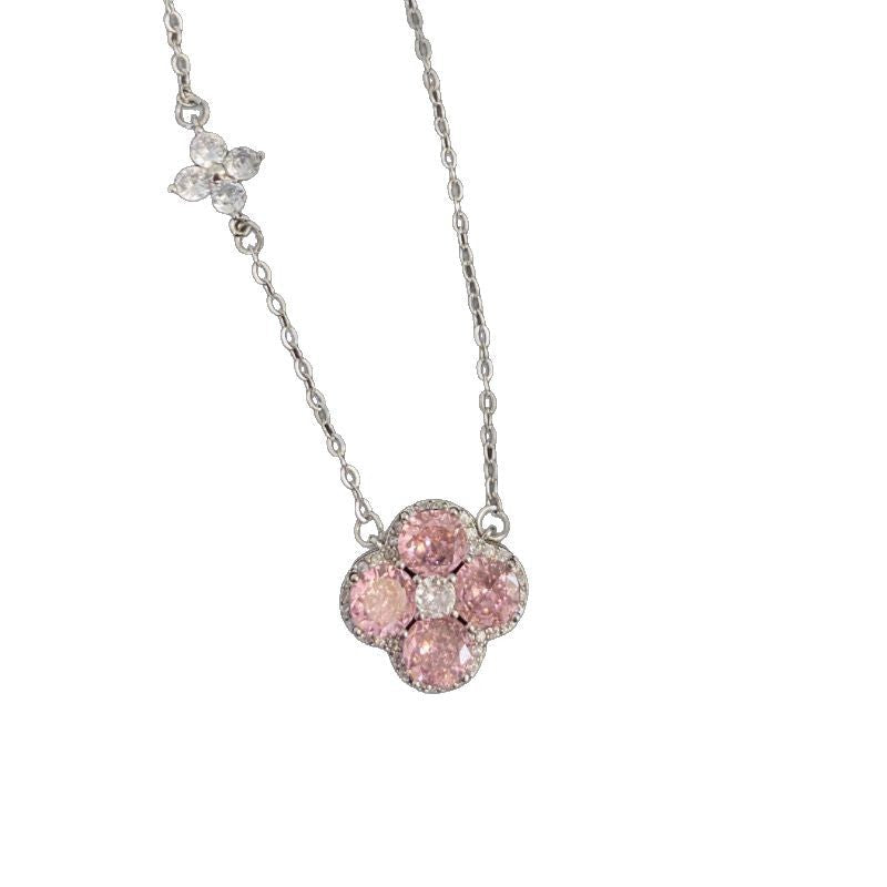 Four Leaf Clover Necklace ,Pink Zirconia Jewelry Necklace