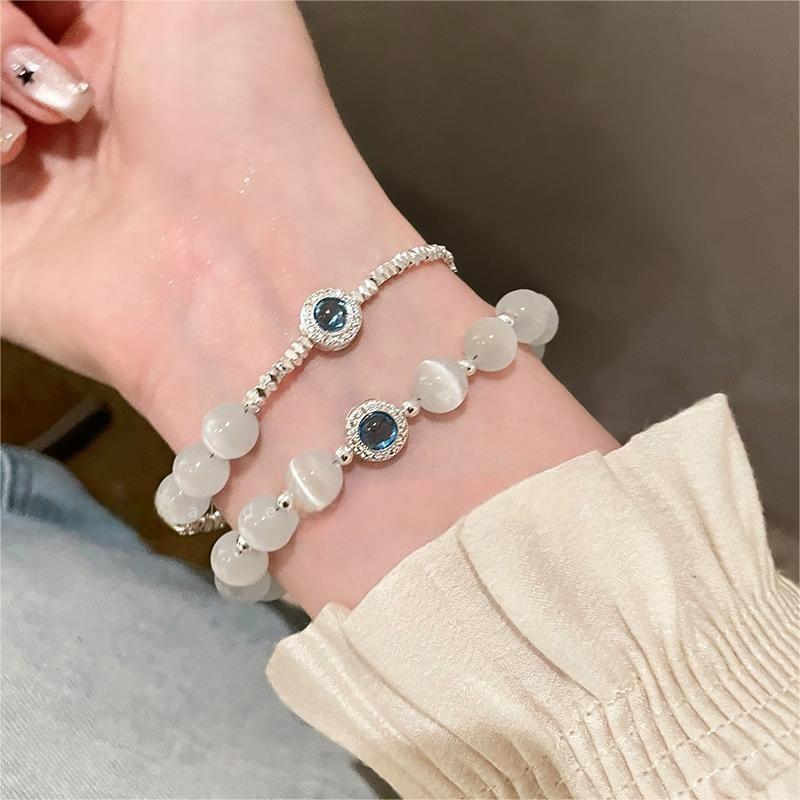 2-Piece Natural Cat's Eye Crystal Beaded Bracelet Set Healing Crystals Silver-Tone Adjustable Chain Perfect Gift for Women