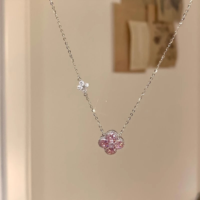 Four Leaf Clover Necklace ,Pink Zirconia Jewelry Necklace