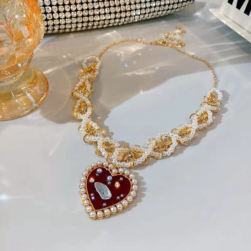 Women Heart Pendant Necklace Red Heart & Pearls Choker Daily Wear Necklace Jewelry for Gifts